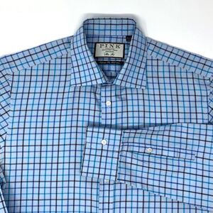 Thomas PINK Slim Fit Blue Check Men's Long Sleeve Shirt‎ Size Medium